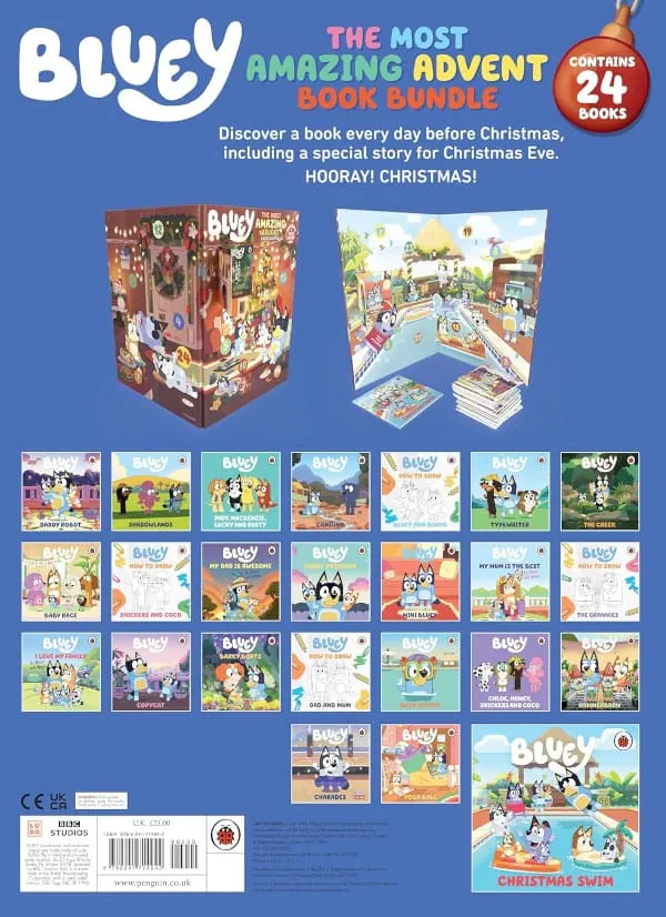 muestra de todos los libros en inglés que hay en el calendario de adviento de Bluey