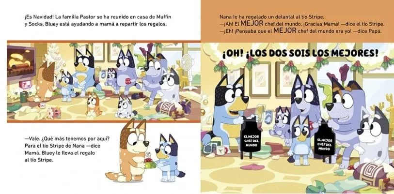 muestra de la primera página del cuento de Bluey "Navidad en la piscina"