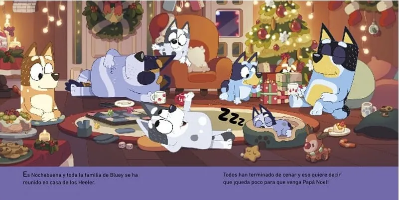 Interior del libro de Bluey "Nochebuena con Papá Noel en la terraza"