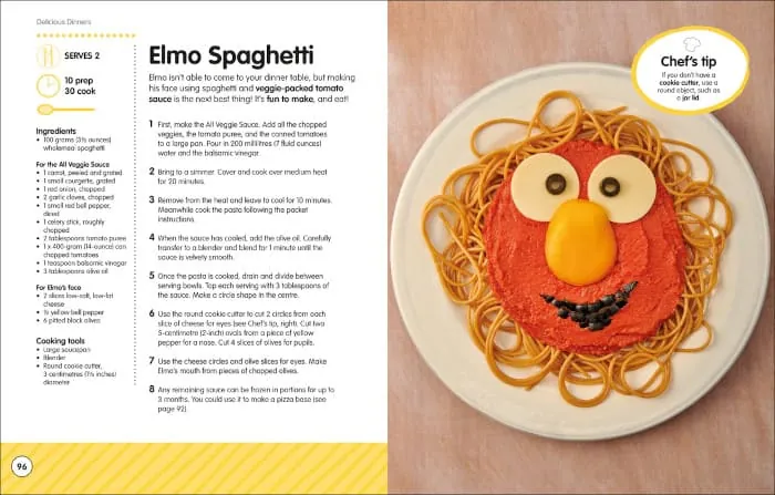 Ejemplo del libro de recetas de Sesame Street Let's Cook Together donde se ve el desarrollo de una receta