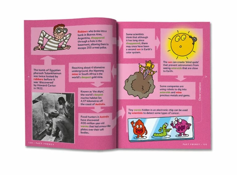 Interior del libro Secret Factopia donde muestran los datos más curiosos en inglés y cómo se entrelazan entre ellos.