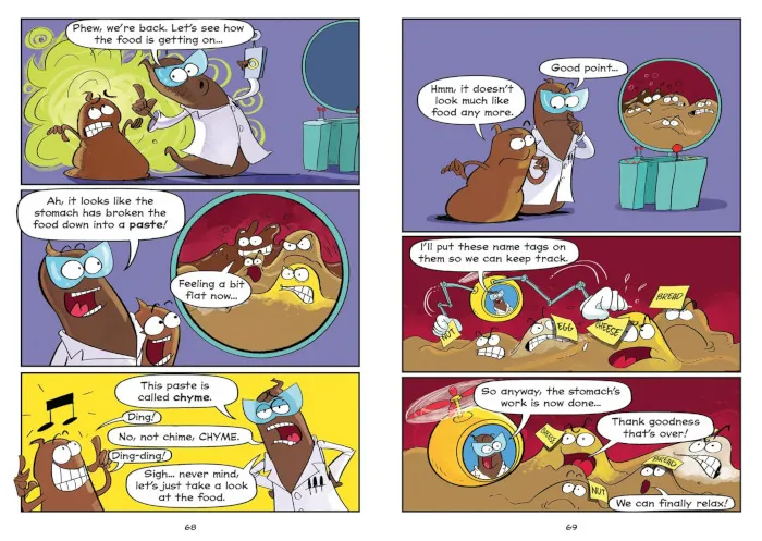 páginas interiores del l ibro Journey to poo topia que muestra su manera de explicar el proceso digestivo